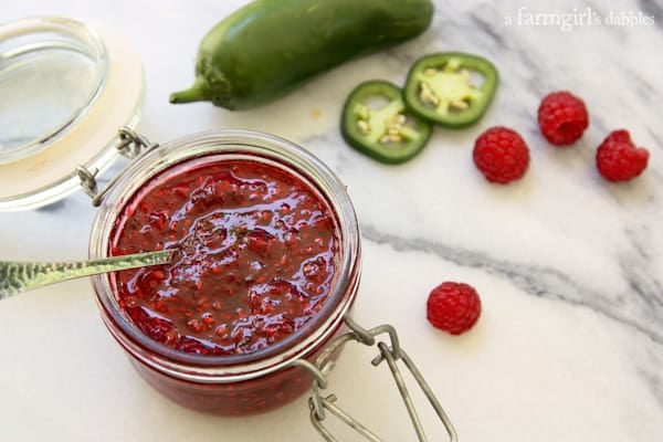 freezer jam made with raspberries and jalapeños