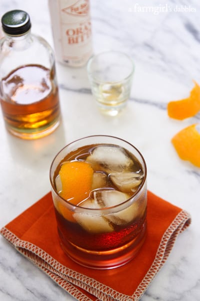 Old Fashioned Bacon Bourbon in a Clear Glass on the Counter