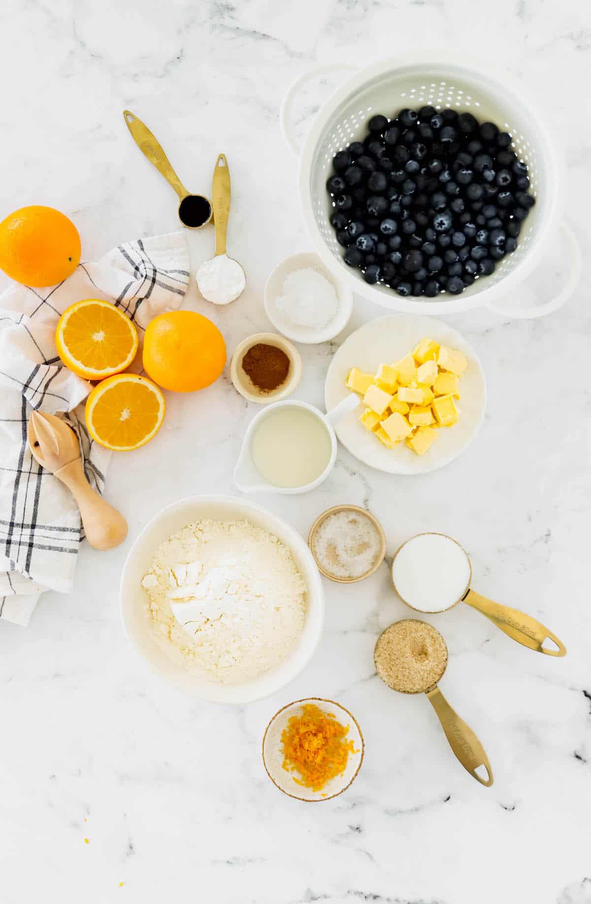 Overhead shot of the ingredients to make blueberry cobbler