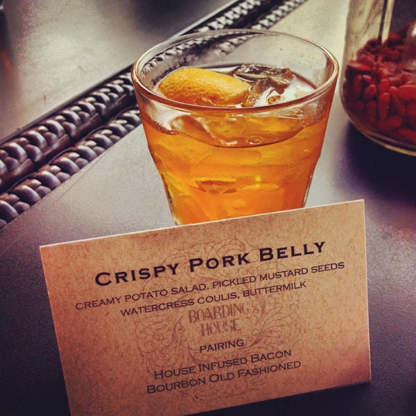 Crispy Pork Belly with an Old Fashioned Cocktail in a Glass