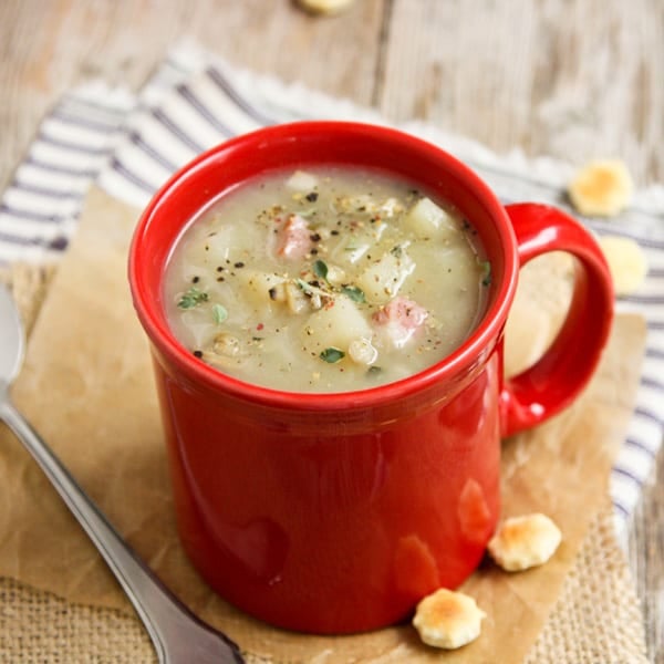 New England Clam Chowder in a Red Mug with Oyster Crackers