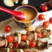 Sriracha Honey Mustard Beef Kebabs with tomatoes and onions