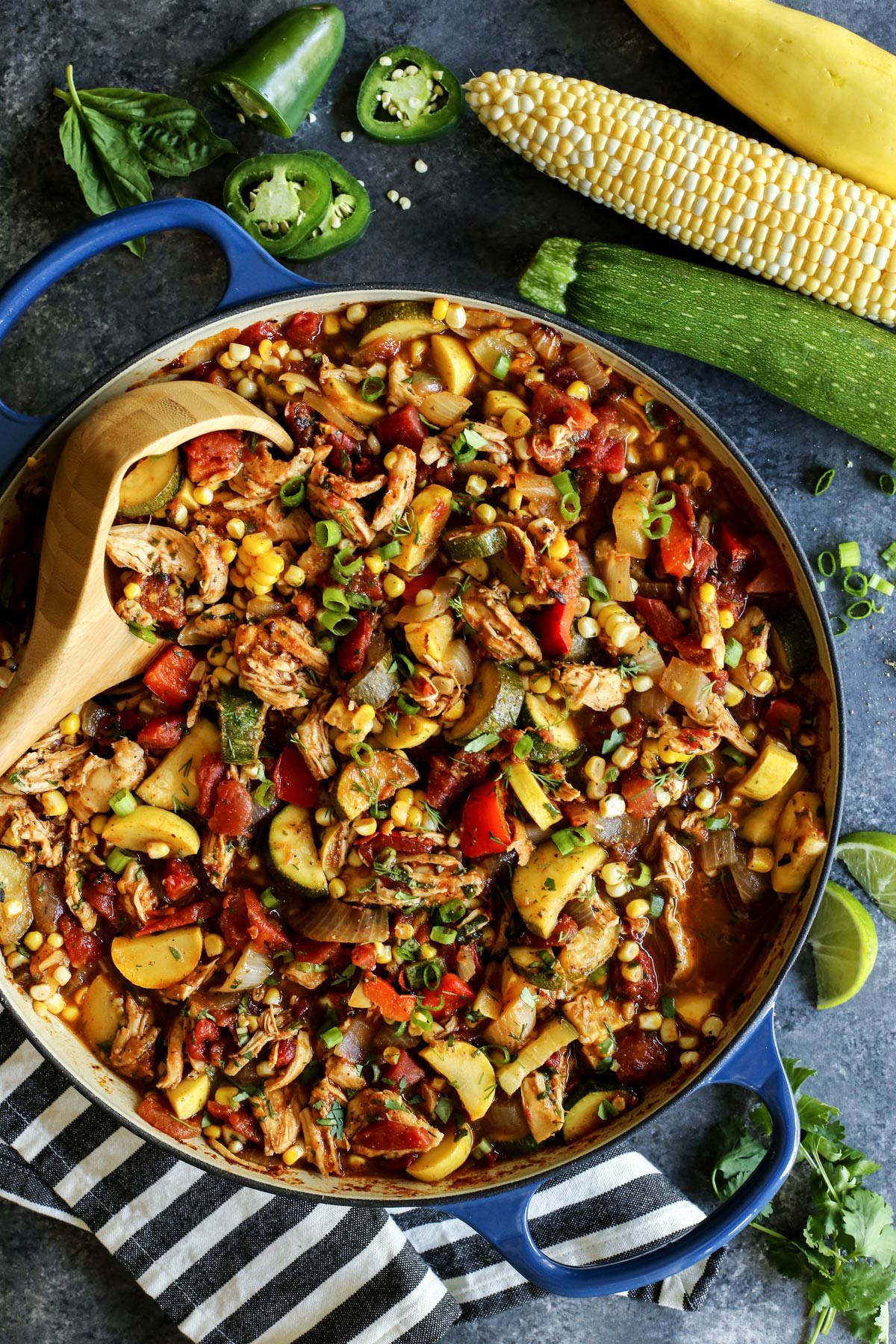 End of Summer Chicken Chili in a blue pot.