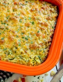 Top view of cheesy zucchini noodles bake in a casserole dish