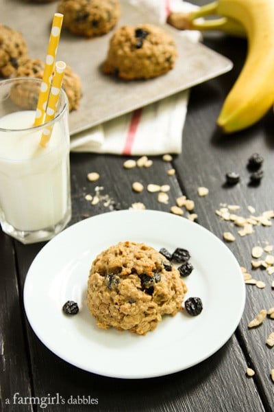 Banana Peanut Butter Breakfast Cookies with a glass of milk