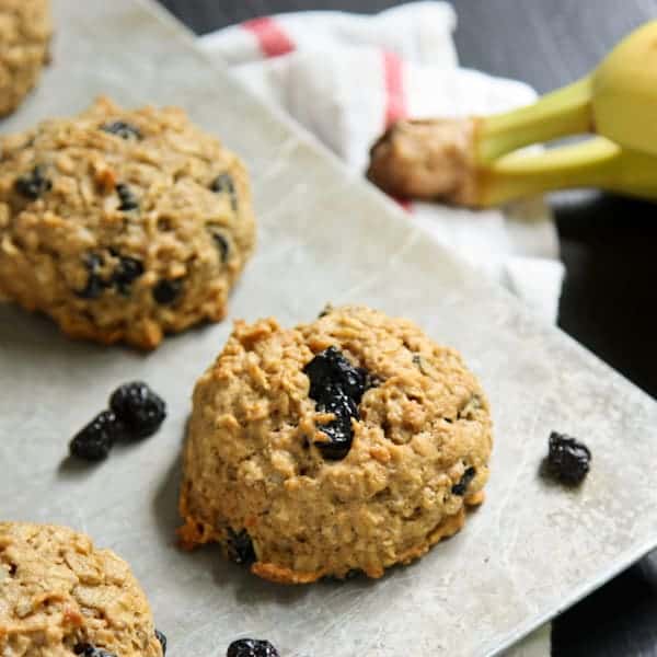These healthy breakfast cookies are packed with peanut butter, banana, and blueberries.