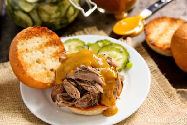 Slow Cooker Pulled Pork on a sandwich