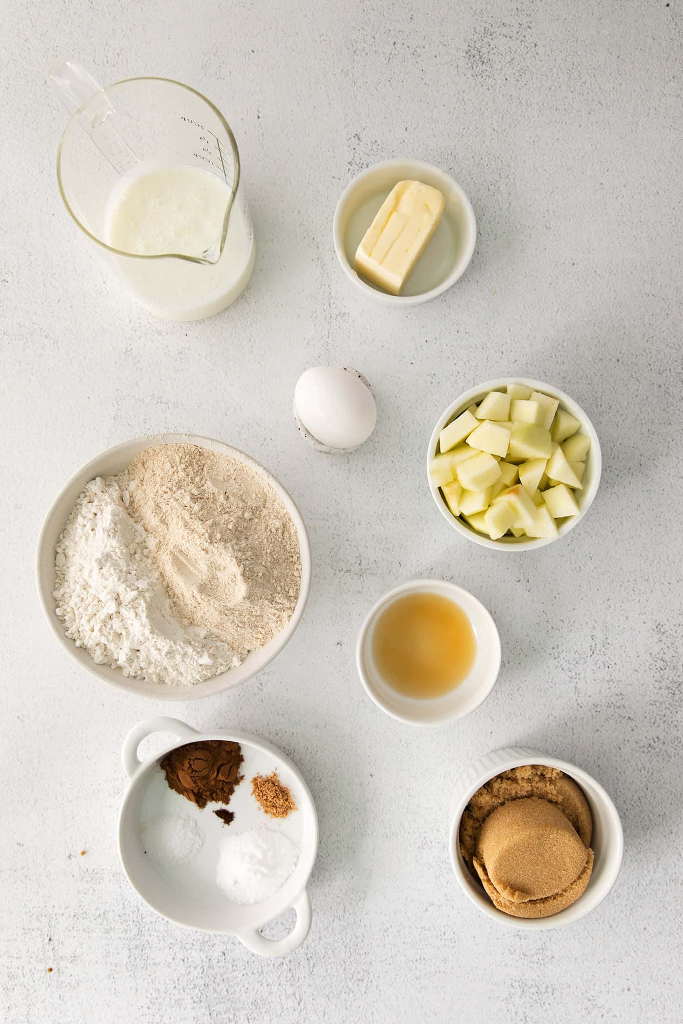 Overhead view of apple muffin ingredients