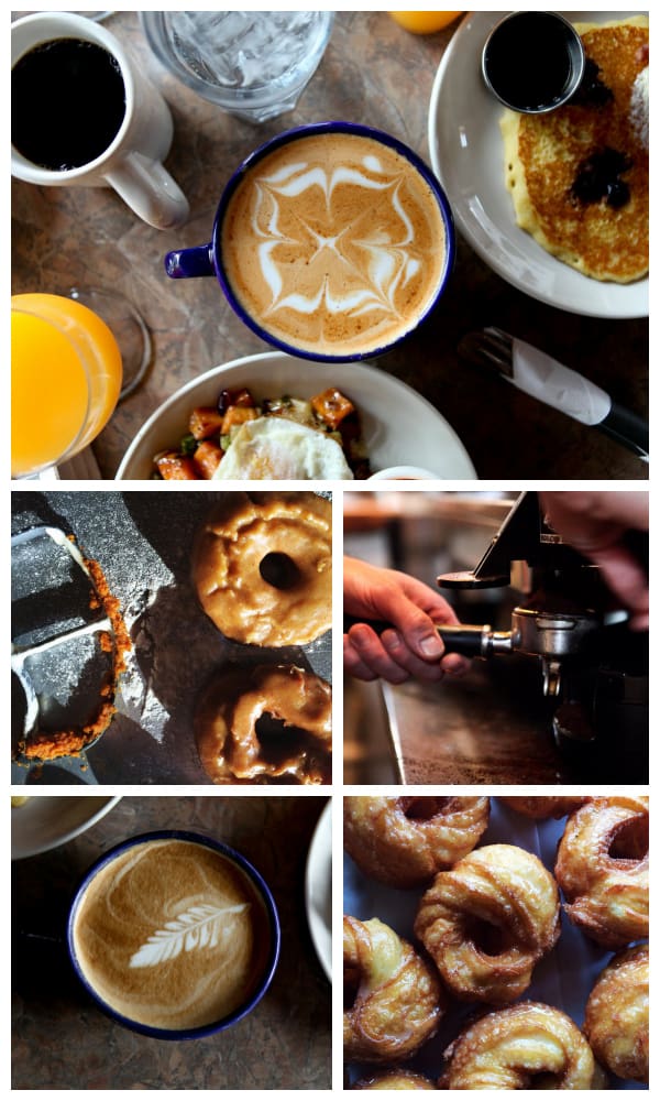 a collage of coffee and donuts from Chilkoot Cafe and Cyclery