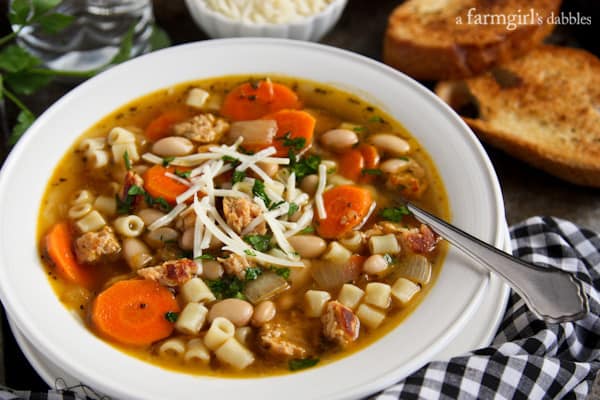 a white bowl of Italian Chicken Sausage Soup