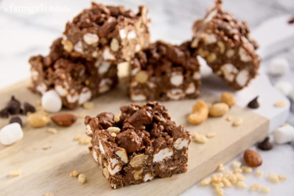 Rocky Road Krispies Bars on a wood serving board