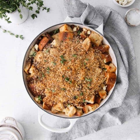 Overhead view of roasted garlic mushroom dressing