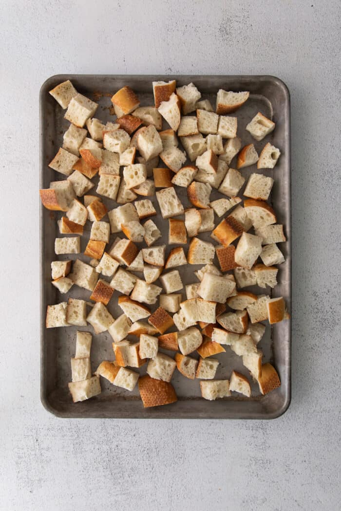 Croutons on a baking sheet
