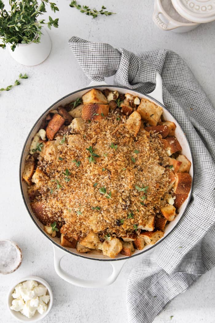 Overhead view of roasted garlic mushroom dressing