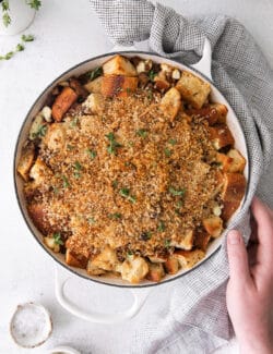 Overhead view of roasted garlic mushroom dressing