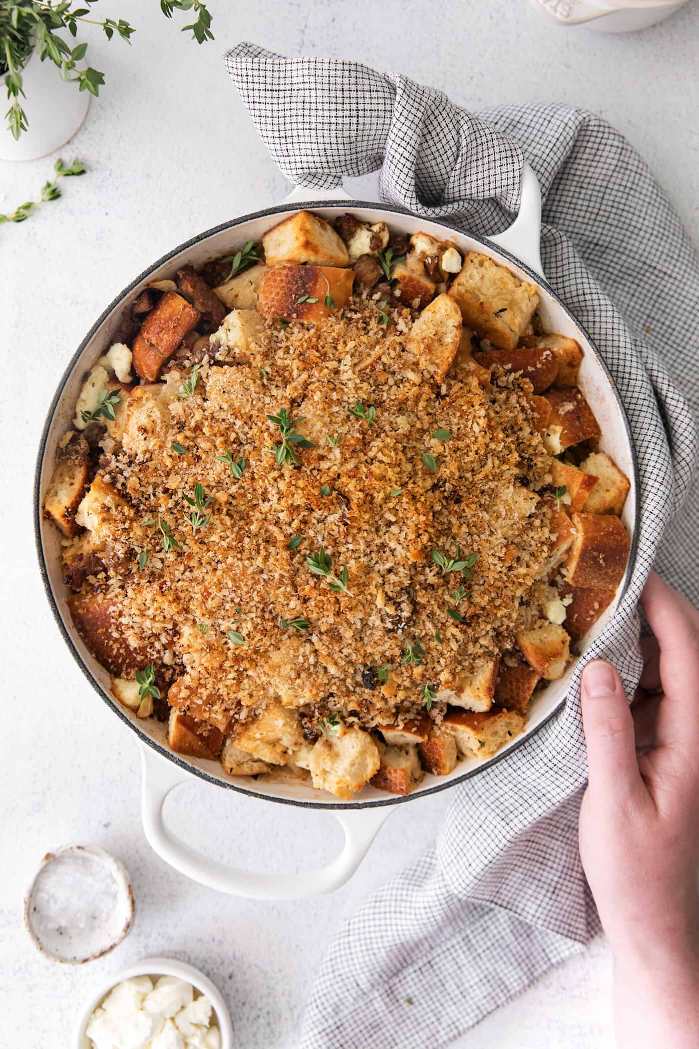 Overhead view of roasted garlic mushroom dressing