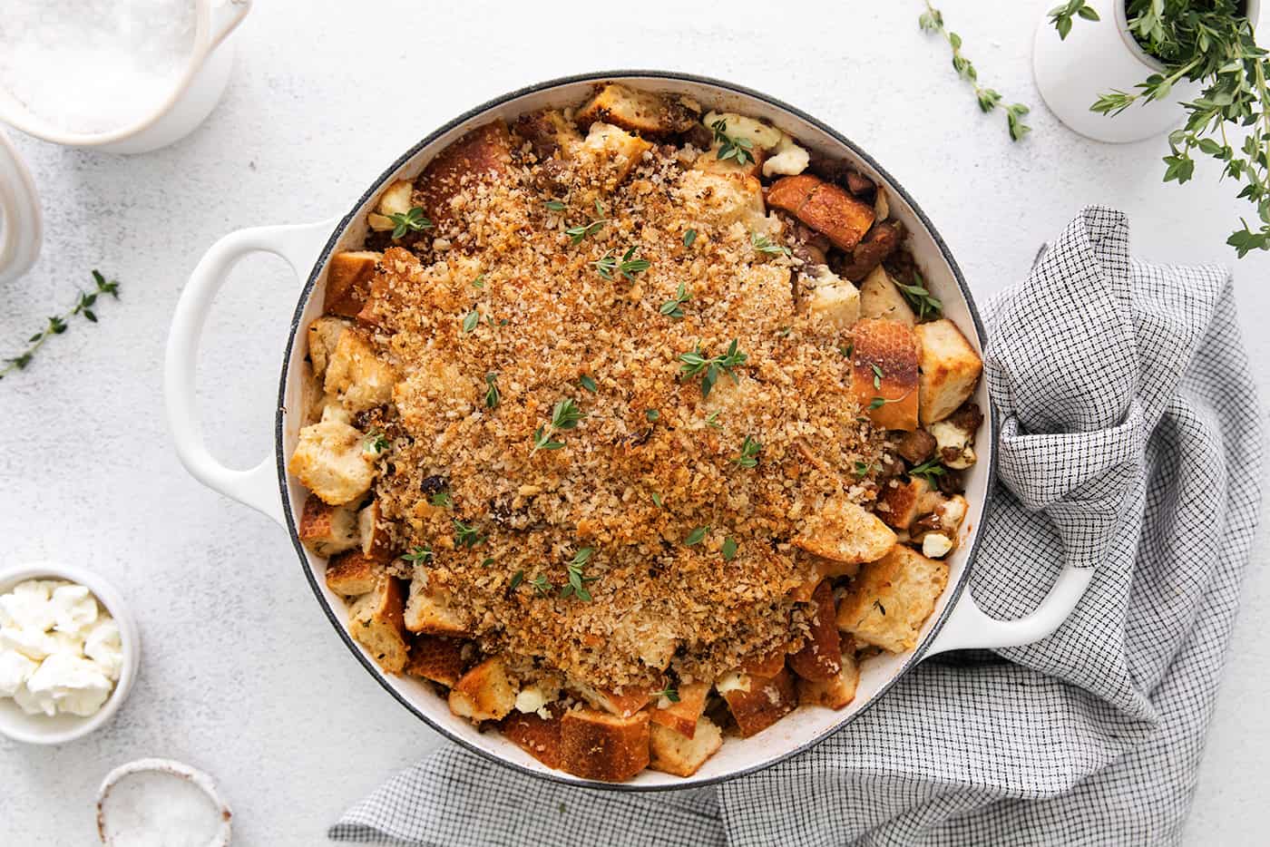 Overhead view of roasted garlic mushroom dressing