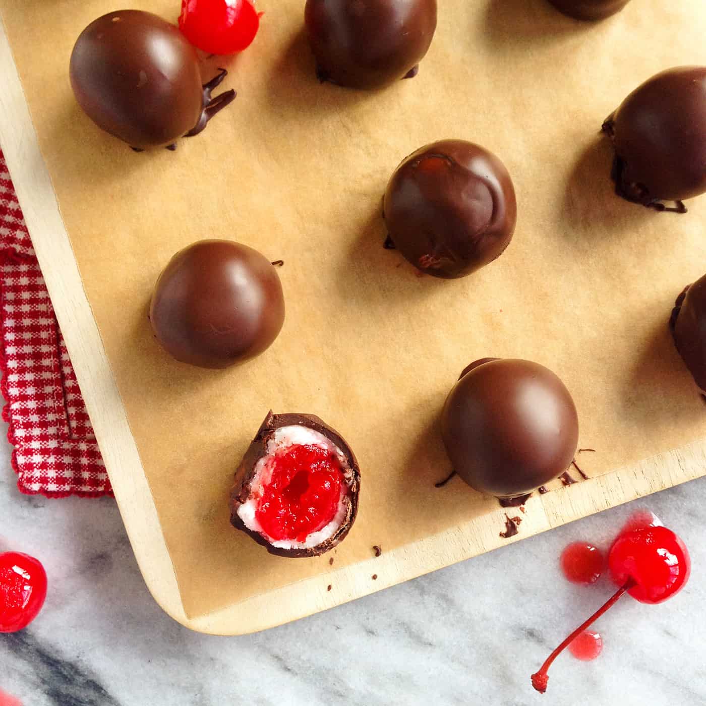 Cherry cordials on a baking sheet