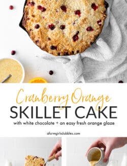 Three photos of a cranberry orange skillet cake