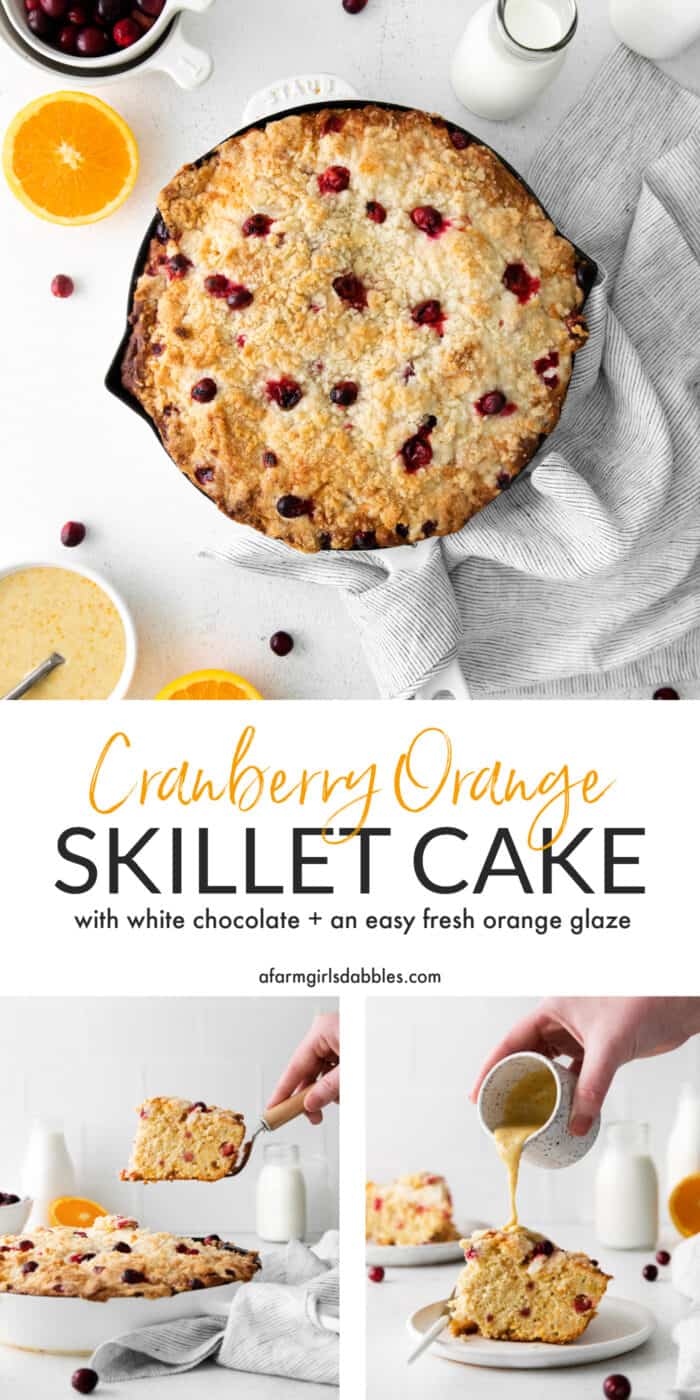 Three photos of a cranberry orange skillet cake