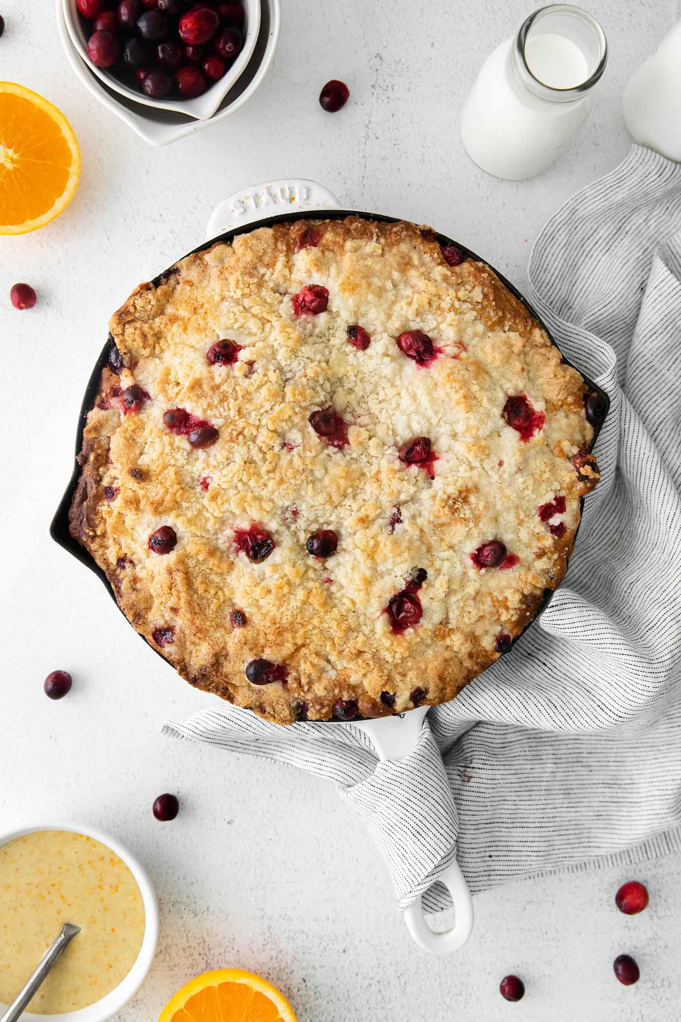 Overhead view of orange skillet cake