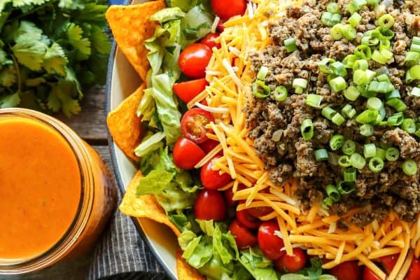 Creamy taco dressing and Dorito taco salad with fresh cilantro