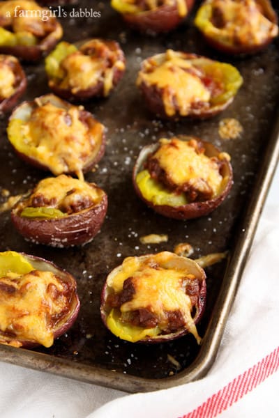 Sloppy Joe Baked in Potato Skins on a rimmed baking sheet