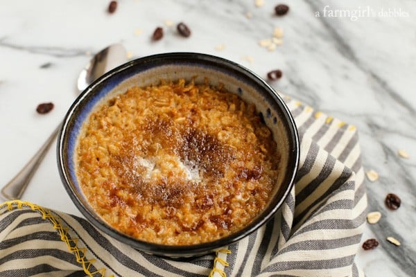 Buttery Baked Oatmeal in a pottery bowl