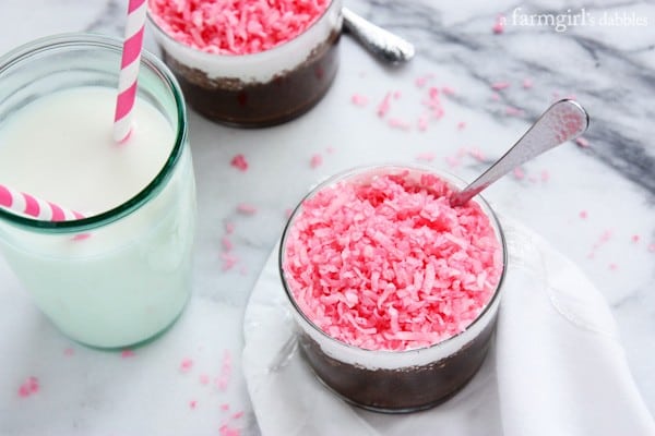 Chocolate Cake Cups with marshmallow cream and shredded, pink coconut