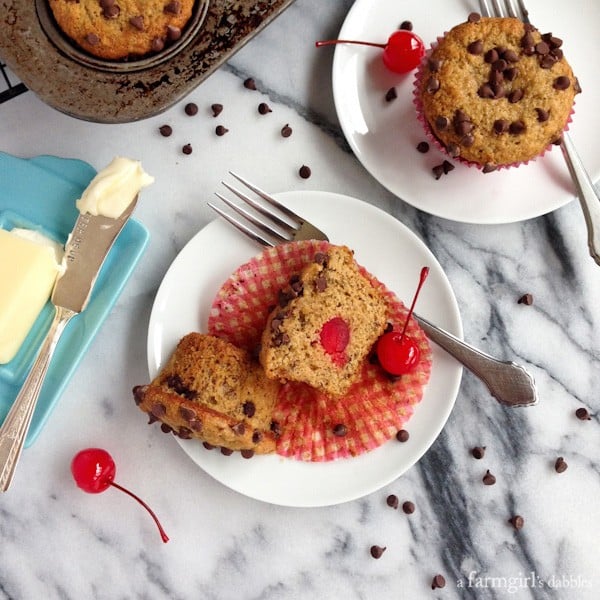 Whole Wheat Banana Muffins with Chocolate and Cherries