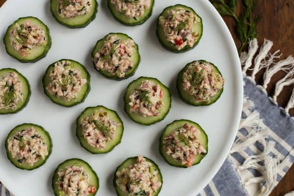 Herby Ham Salad on sliced cucumber on a plate