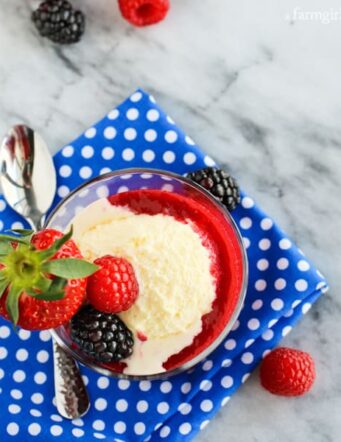 Crème Fraîche Ice Cream with Triple Berry Sauce