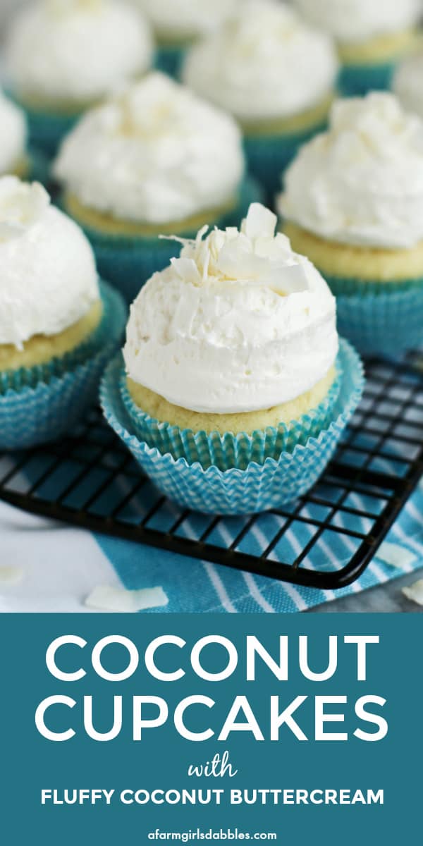 pinterest image of cooling rack with coconut cupcakes