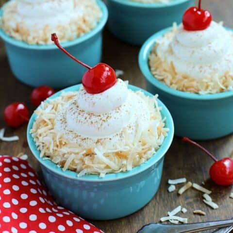 blue ramekins with coconut tres leches cakes