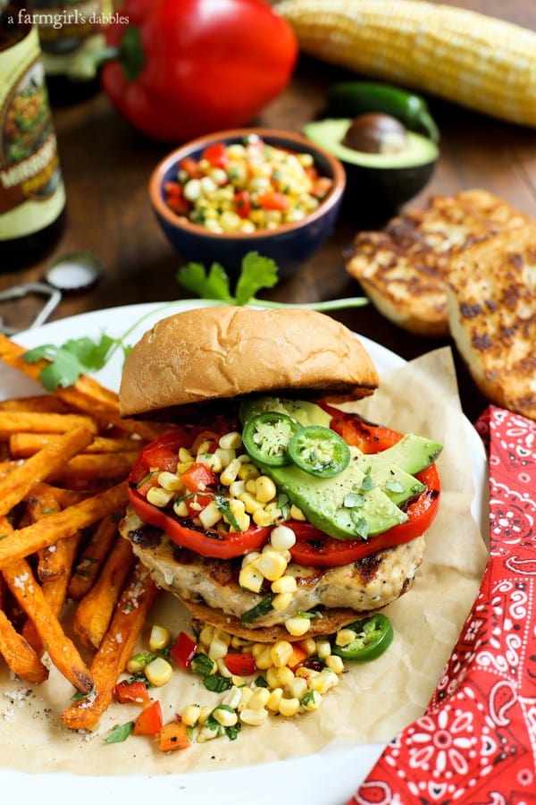 Grilled Chicken Burgers with sweet potato fries and corn relish