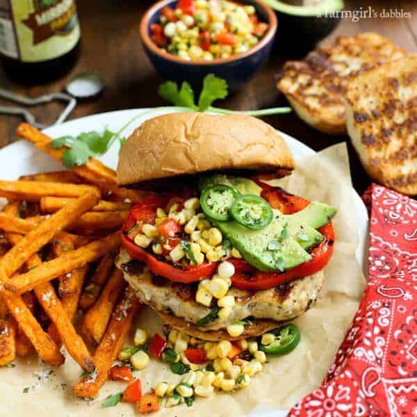 Grilled Tex Mex Chicken Burgers with Fresh Hot-Pepper Corn Relish