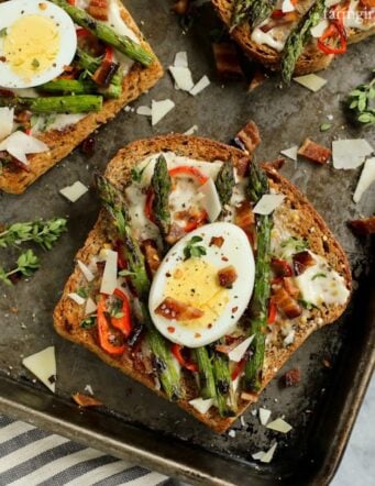Grilled Asparagus and Red Pepper Toast with Bacon and Egg