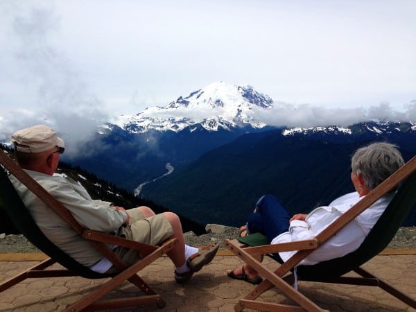 a couple looking at Mount Rainier