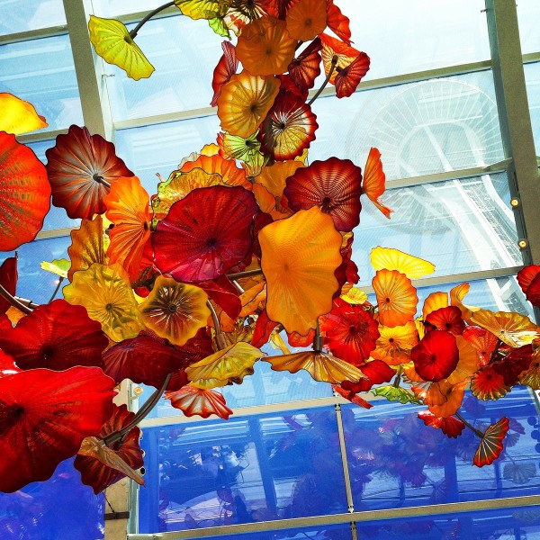 a red and orange floral sculpture at Chihuly Garden & Glass in Seattle