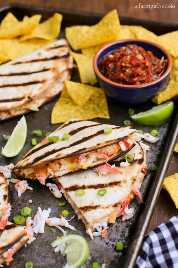 crab quesadillas with chips and salsa