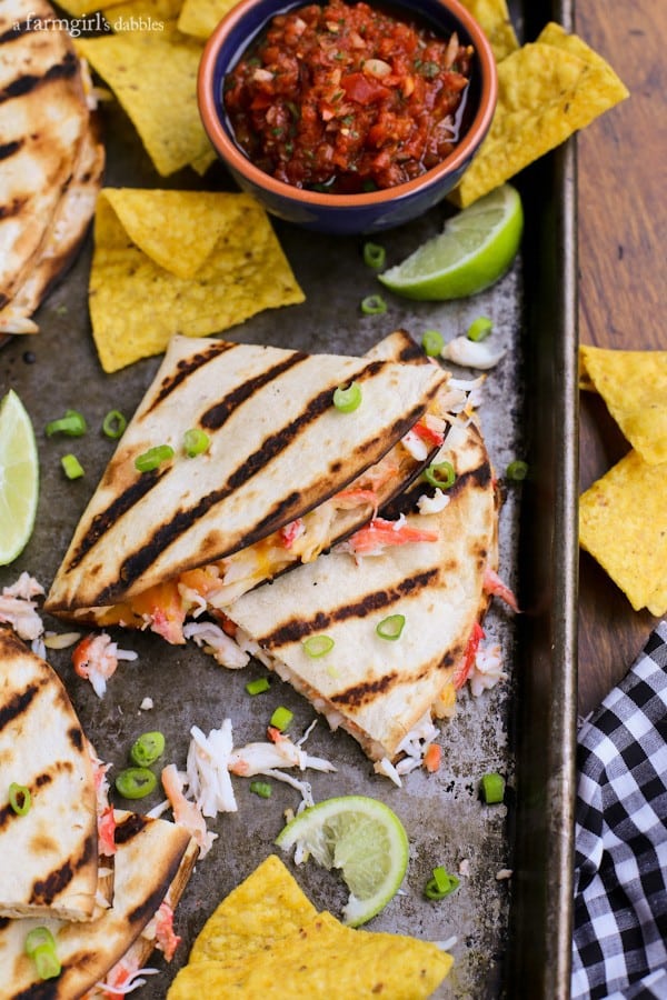 Grilled Crab Quesadillas on a rimmed baking pan