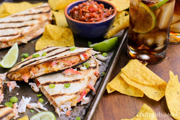 chips and salsa with Cheesy Grilled Crab Quesadillas and a glass of coke