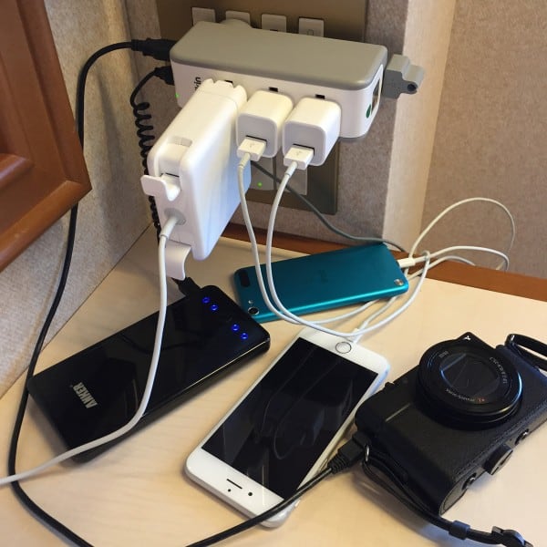 electronic devices plugged into a surge protector