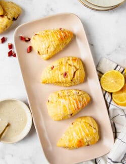 Four lemon rhubarb scones on a