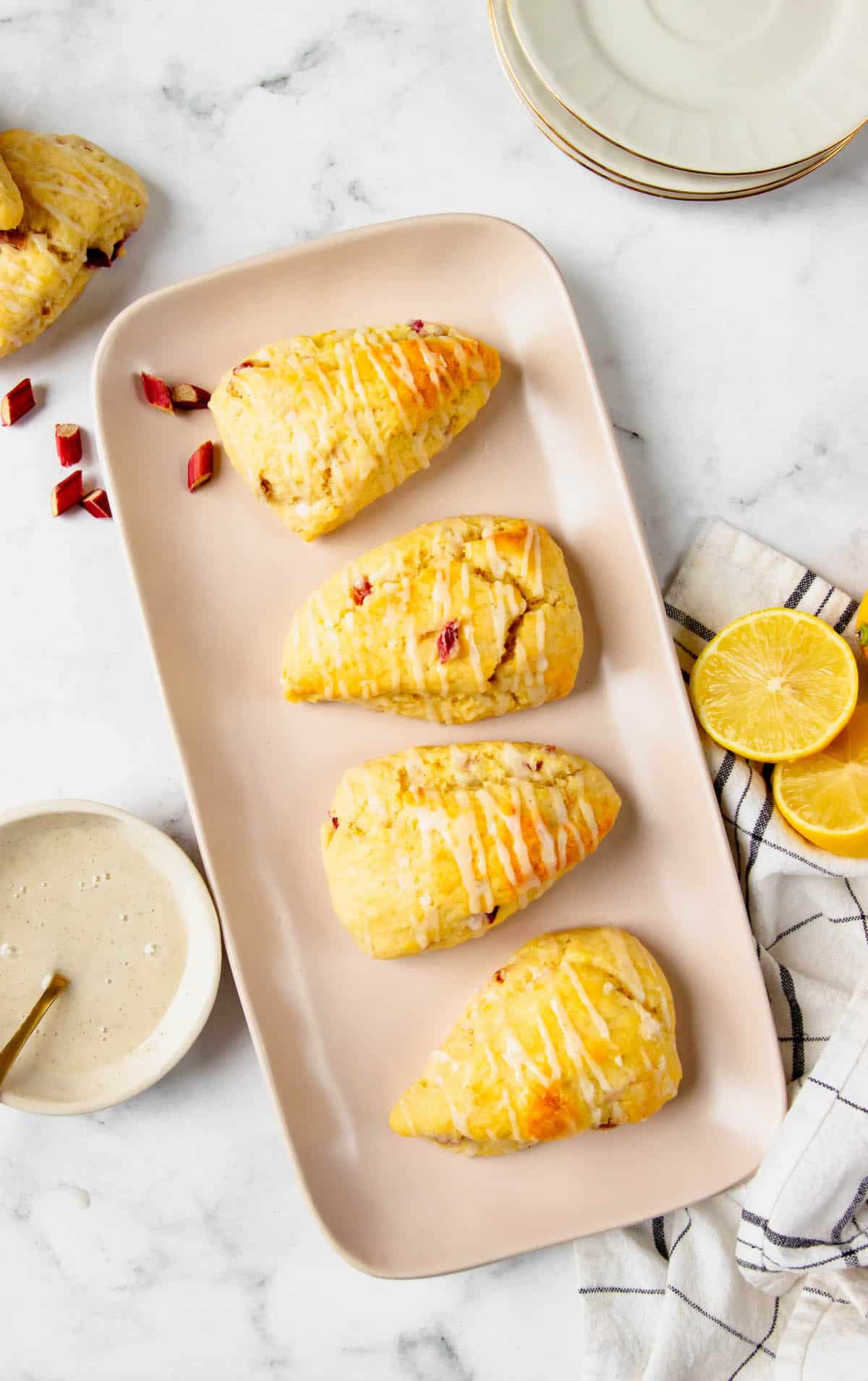 Four lemon rhubarb scones on a