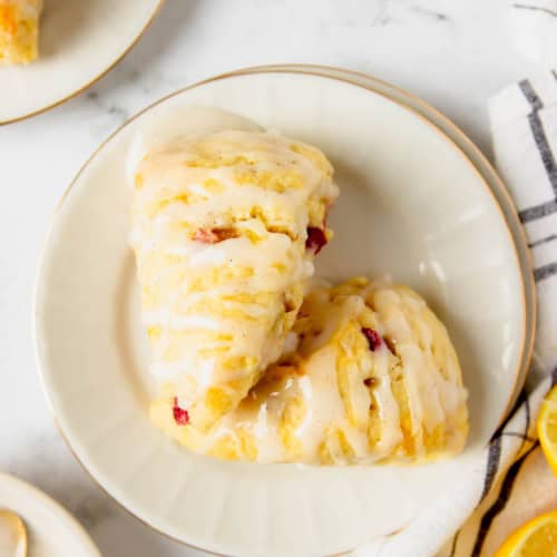 Two lemon rhubarb scones on a plate