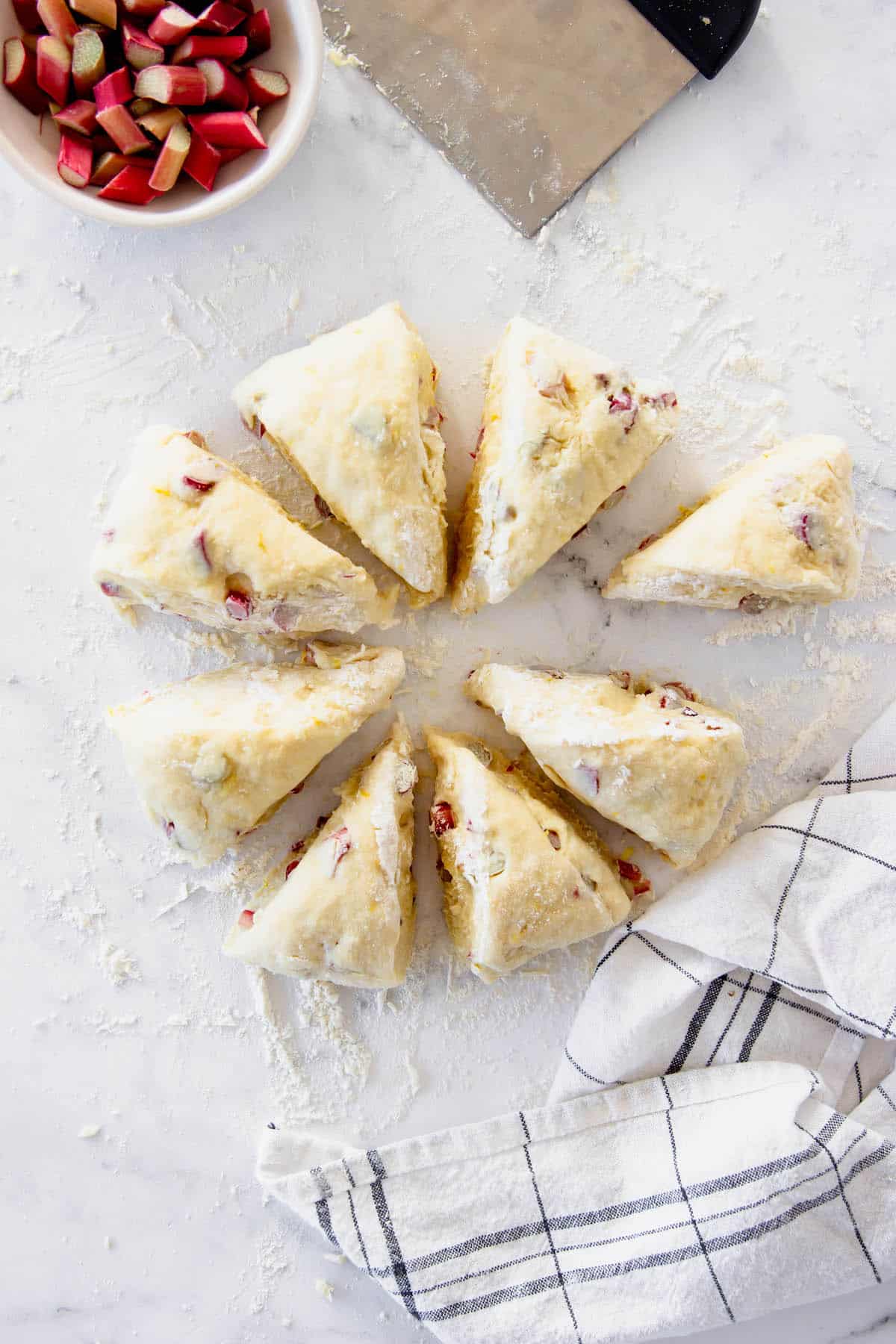 Lemon rhubarb dough shaped into scones