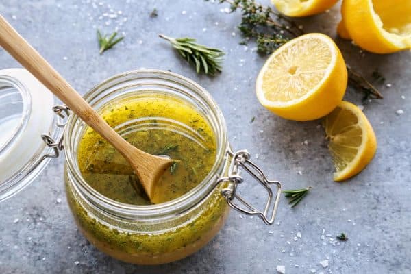herby lemon vinaigrette in a jar