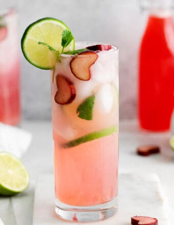 A rhubarb mojito in a tall glass