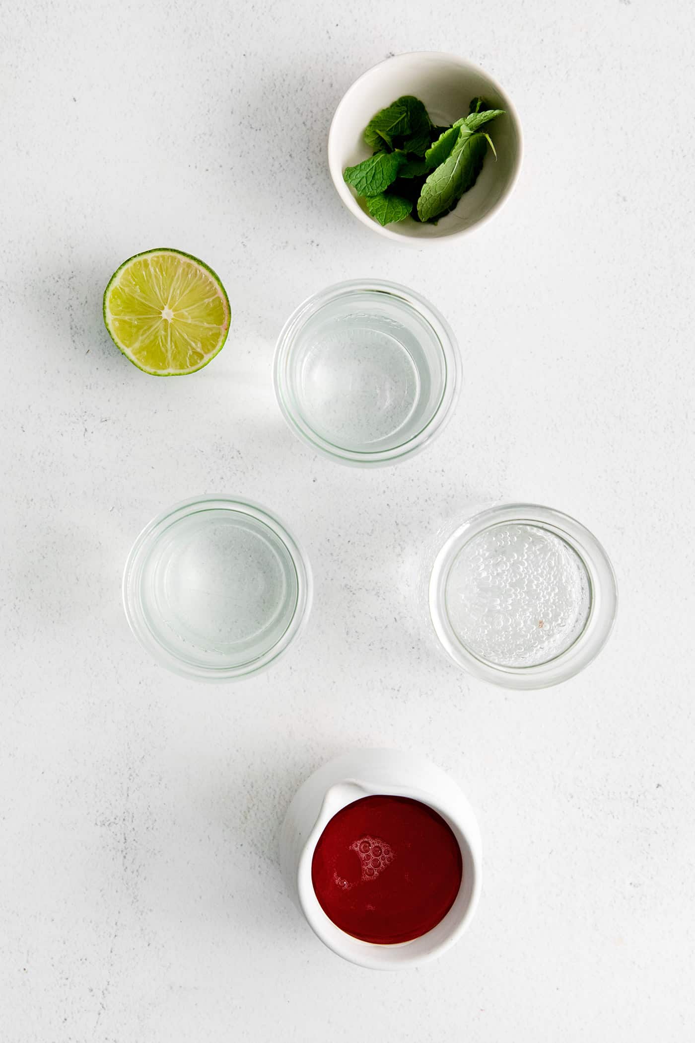 Overhead view of rhubarb mojito ingredients